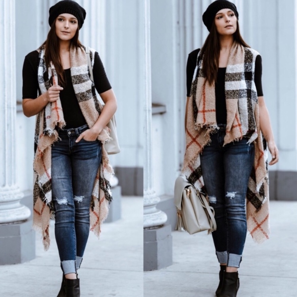 O diva Odiva Plaid Open Weave Vest Beige/BLK/Red - Picture 8 of 8